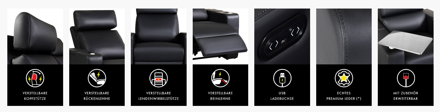 Zinea Kinosessel Imperial - 3 Sitzer - Leder schwarz - elektrisch  verstellbare Bein-, Rücken- & Kopflehne ; elektrisch verstellbare  Lendenwirbelstütze, Becherhalter : : Sonstiges
