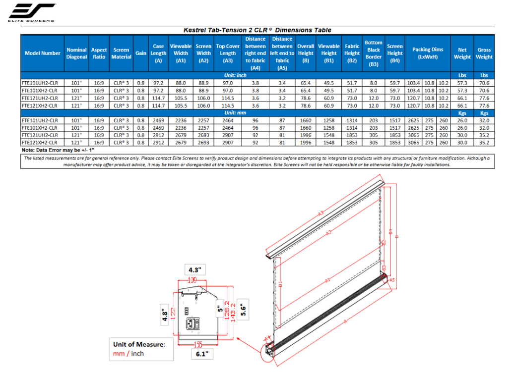 Elite Screens Kestrel Tab-Tension Floor Up CLR