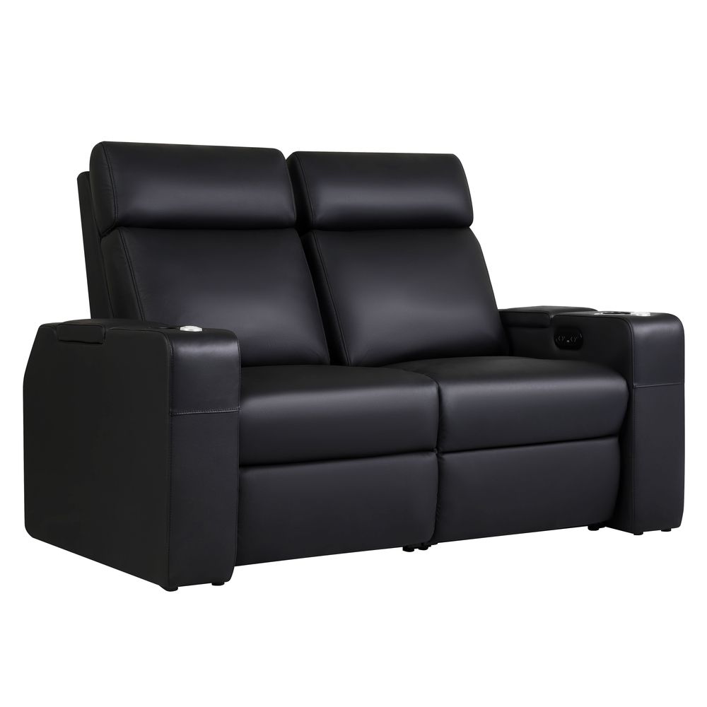 Sedia da cinema Zinea Imperial - divanetto a 2 posti - pelle nera - gamba, schienale e poggiatesta regolabili elettricamente; supporto lombare regolabile elettricamente, portabevande