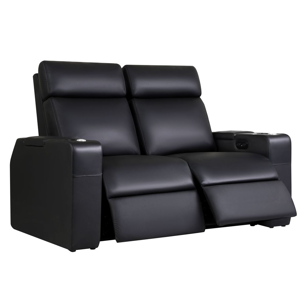 Cadeira de cinema Zinea Imperial - sofá de 2 lugares - couro preto - perna, encosto e encosto de cabeça ajustáveis ​​eletricamente; suporte lombar ajustável eletricamente, porta-copos